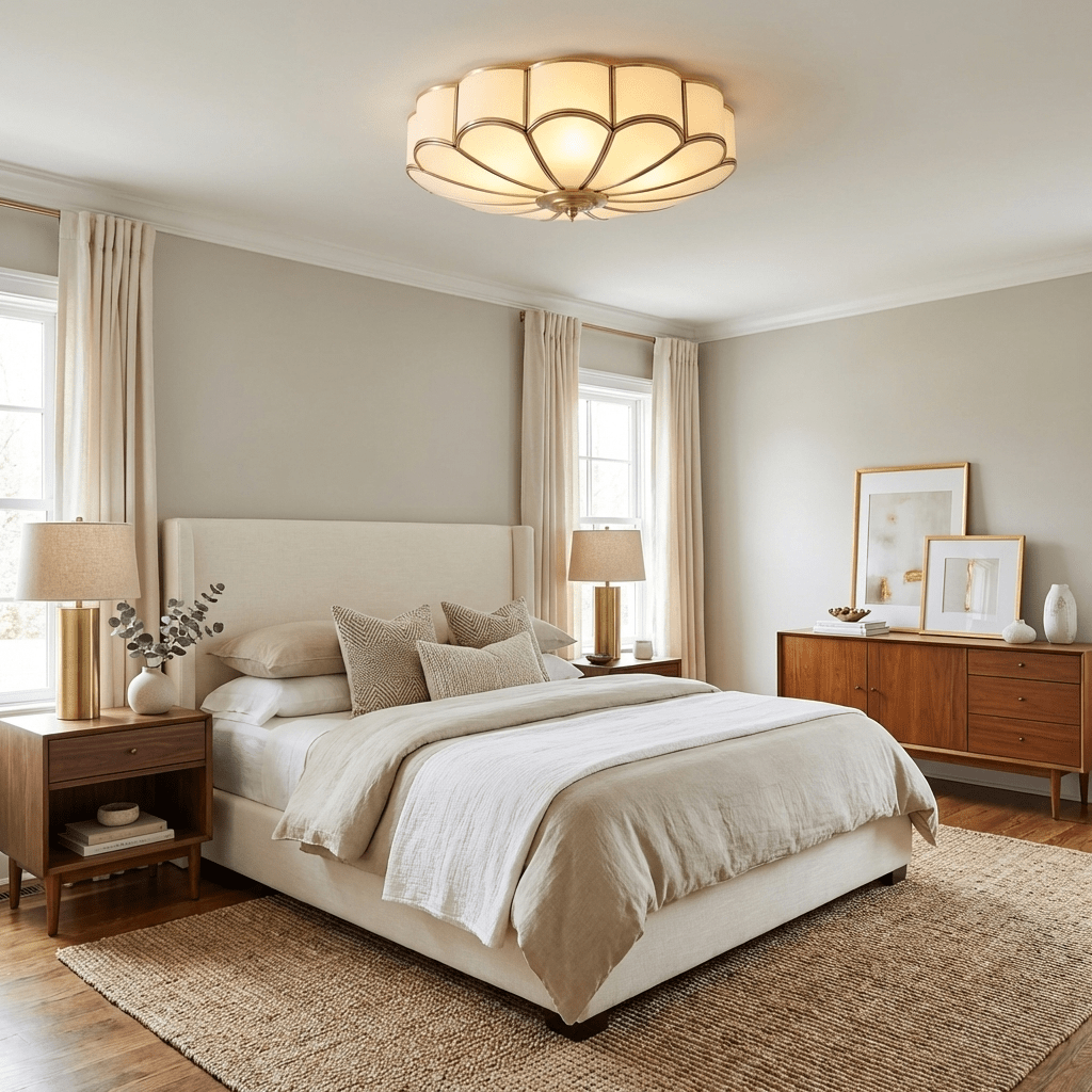 Flower Shape Frosted Glass Ceiling Light with Brass Frame for Soft Ambient Glow