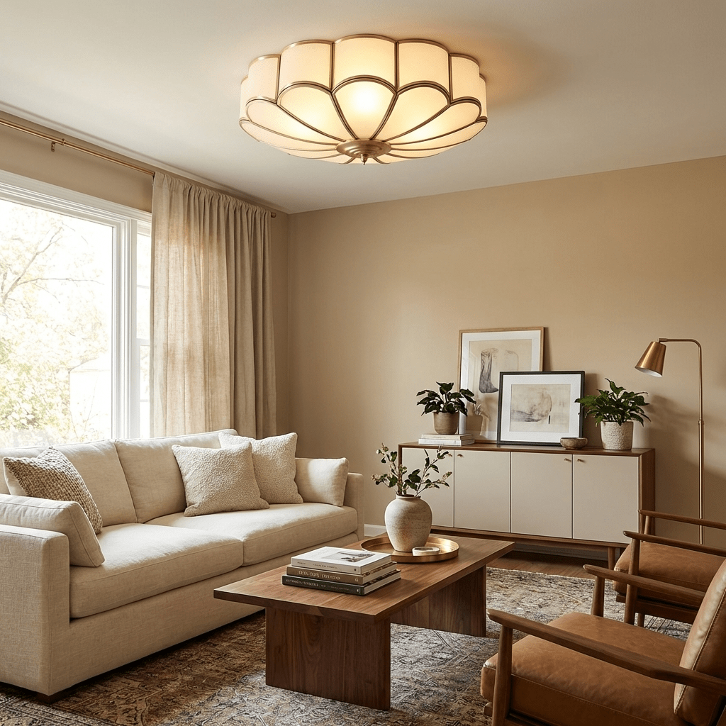 Flower Shape Frosted Glass Ceiling Light with Brass Frame for Soft Ambient Glow