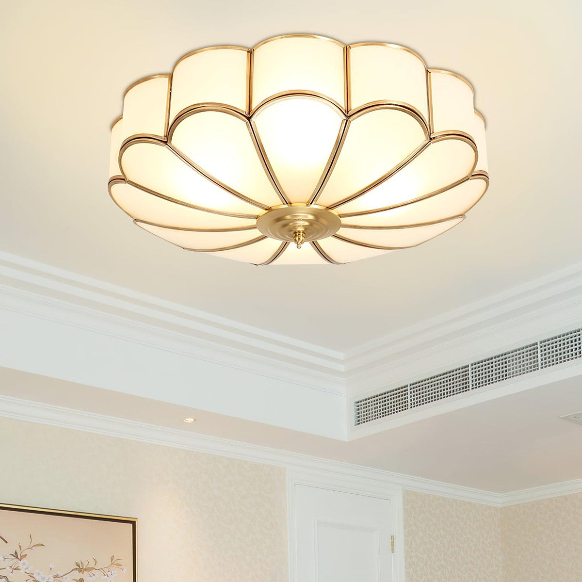 Flower Shape Frosted Glass Ceiling Light with Brass Frame for Soft Ambient Glow