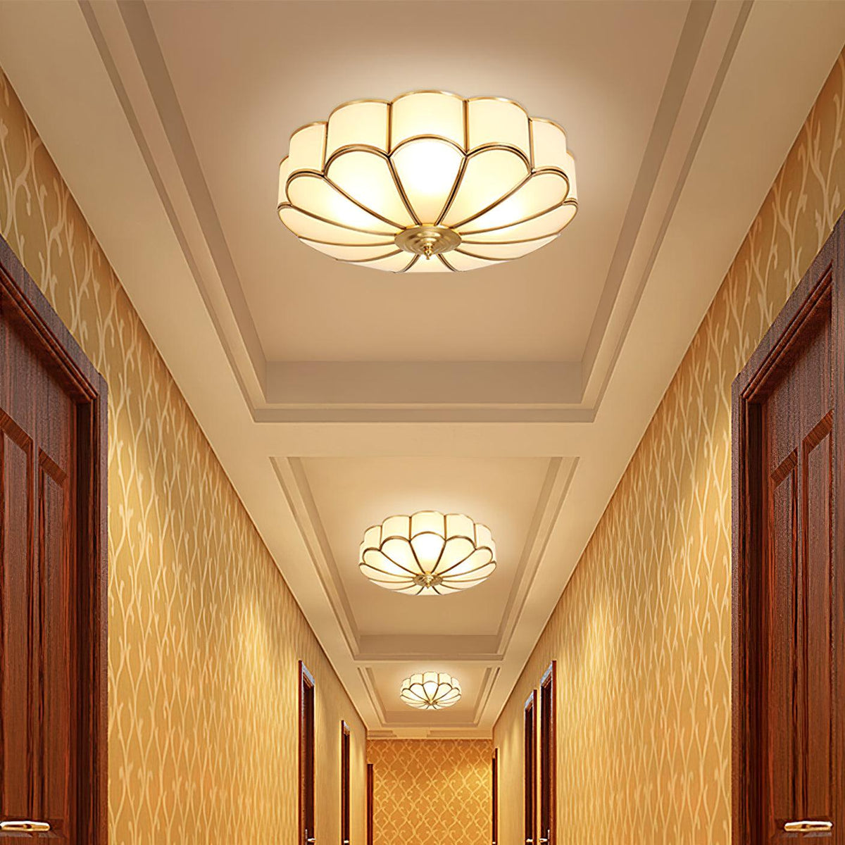 Flower Shape Frosted Glass Ceiling Light with Brass Frame for Soft Ambient Glow