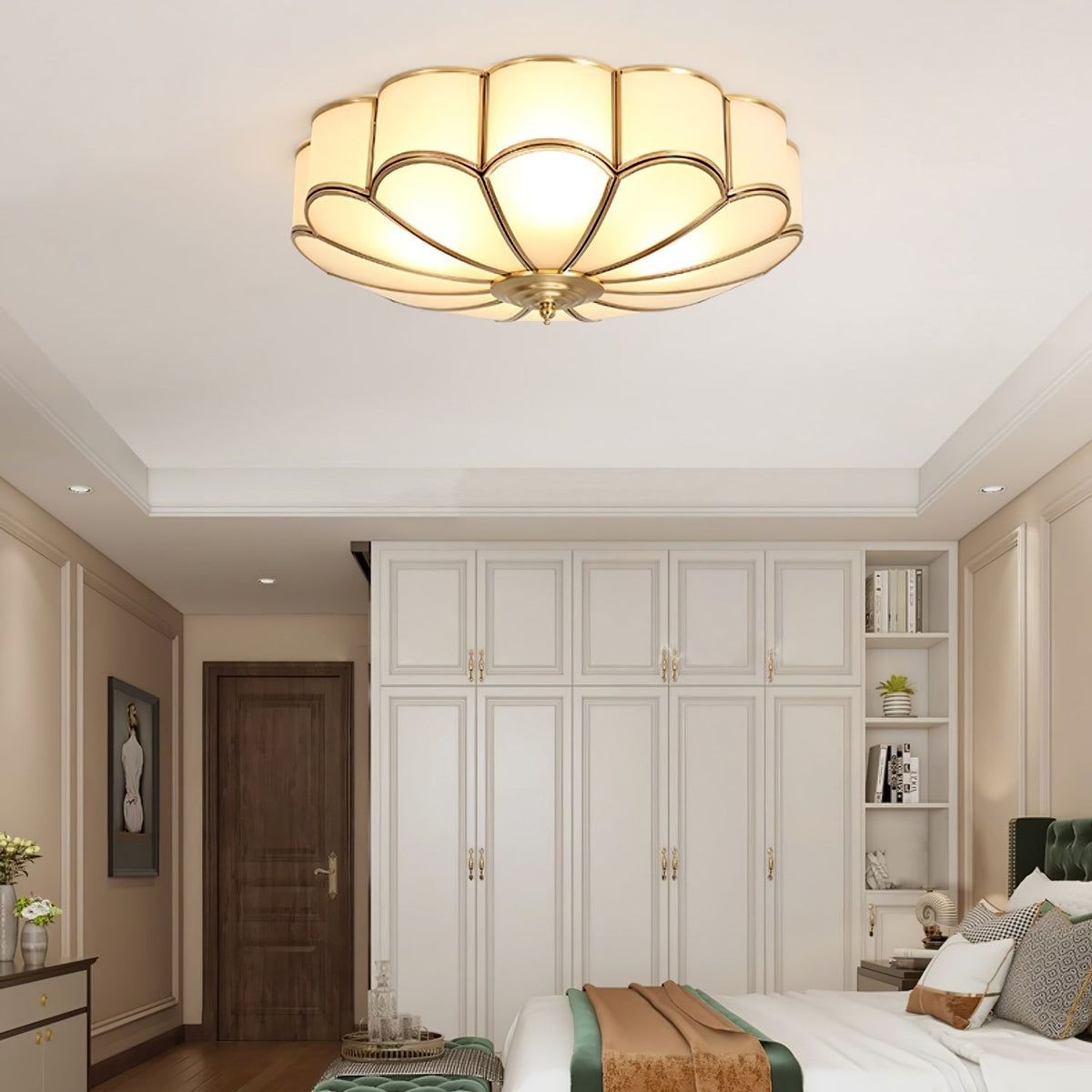 Flower Shape Frosted Glass Ceiling Light with Brass Frame for Soft Ambient Glow