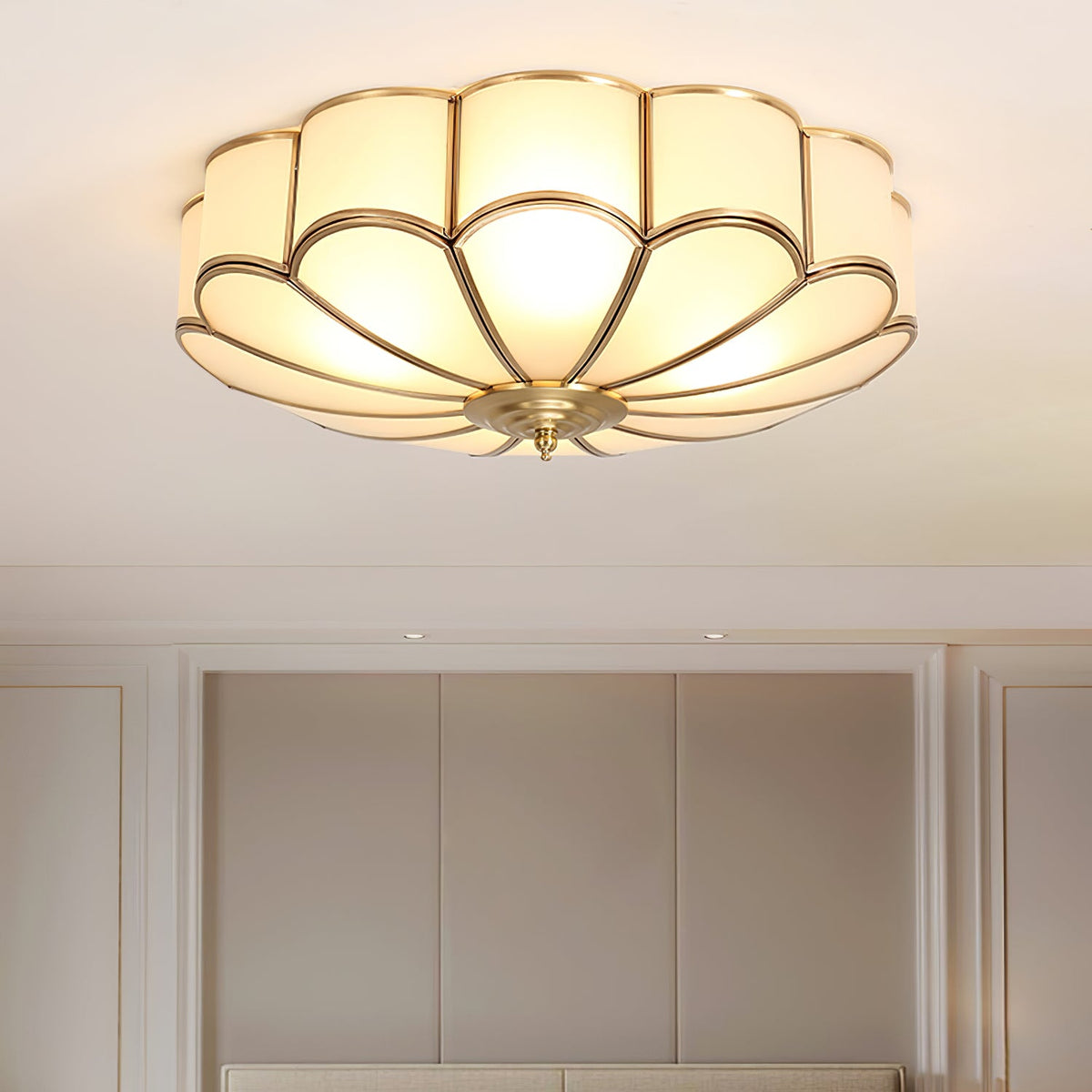 Flower Shape Frosted Glass Ceiling Light with Brass Frame for Soft Ambient Glow