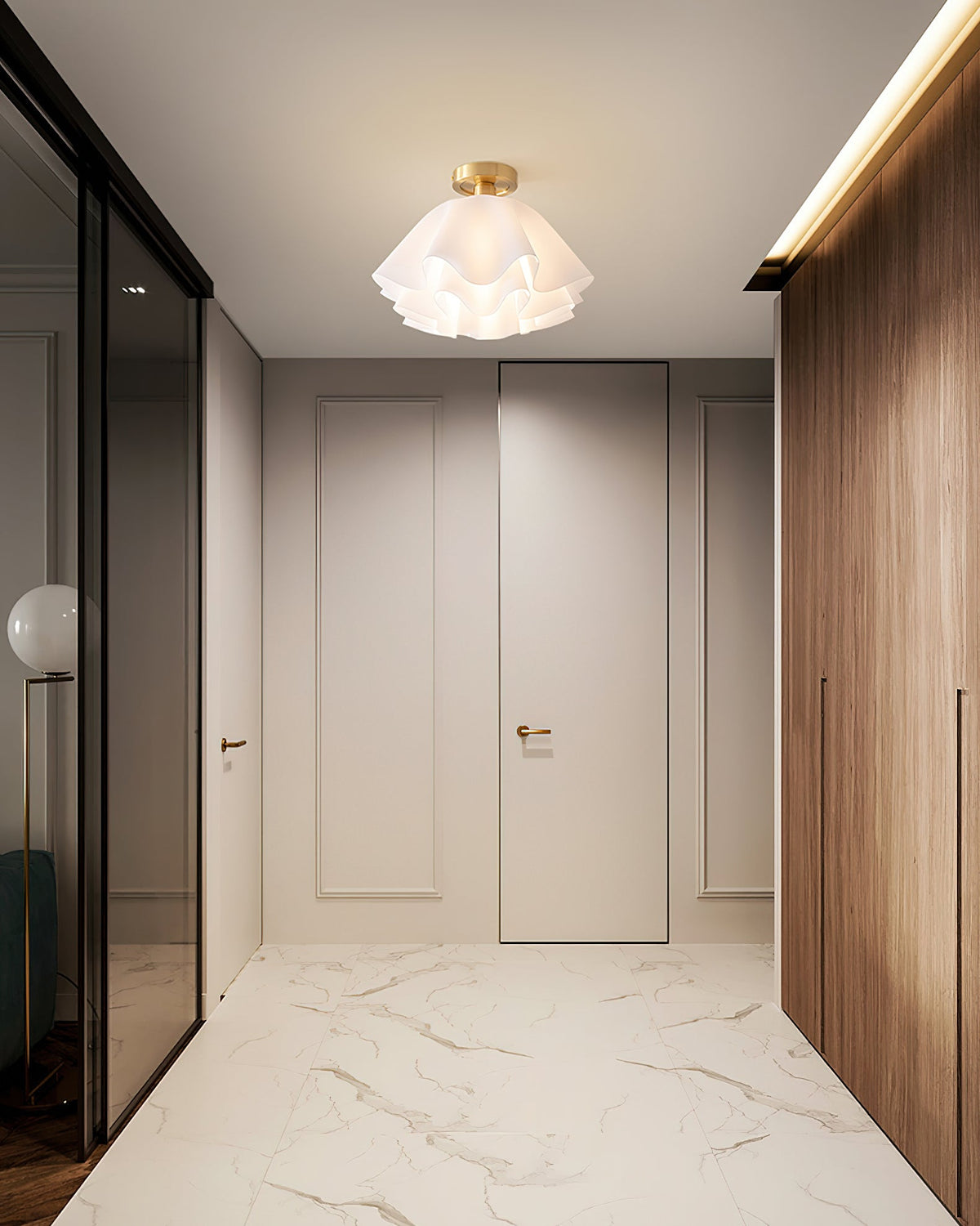 Gilda | Mid-Century Pleated Ceiling Light with Brass Body, Dimmable Fixture for Hallways