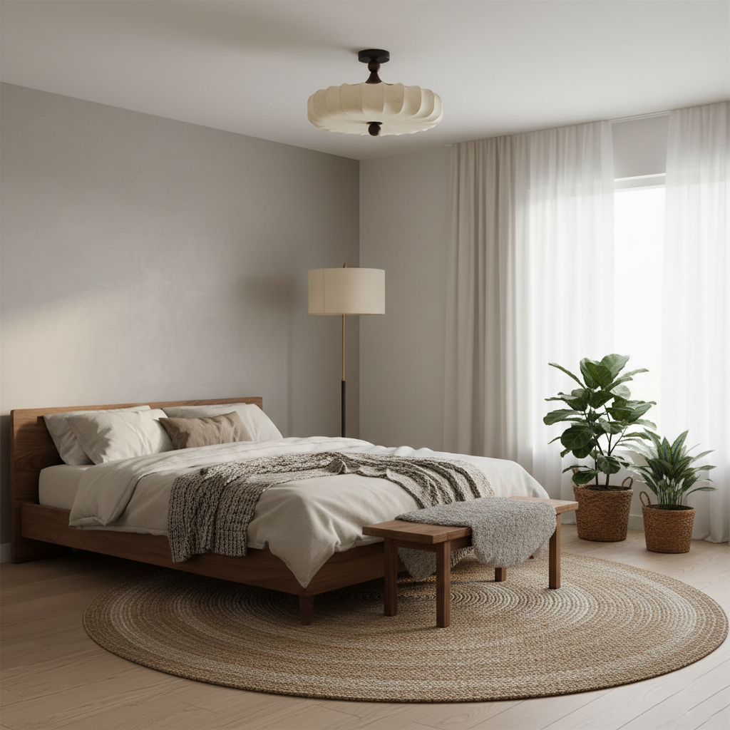 Rosa | Flush Mount LED Ceiling Light with Floral Fabric Shade, Walnut Canopy for Bedroom