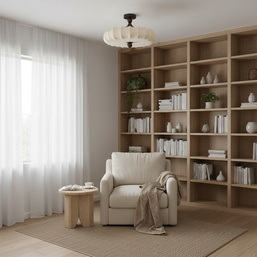 Rosa | Flush Mount LED Ceiling Light with Floral Fabric Shade, Walnut Canopy for Bedroom