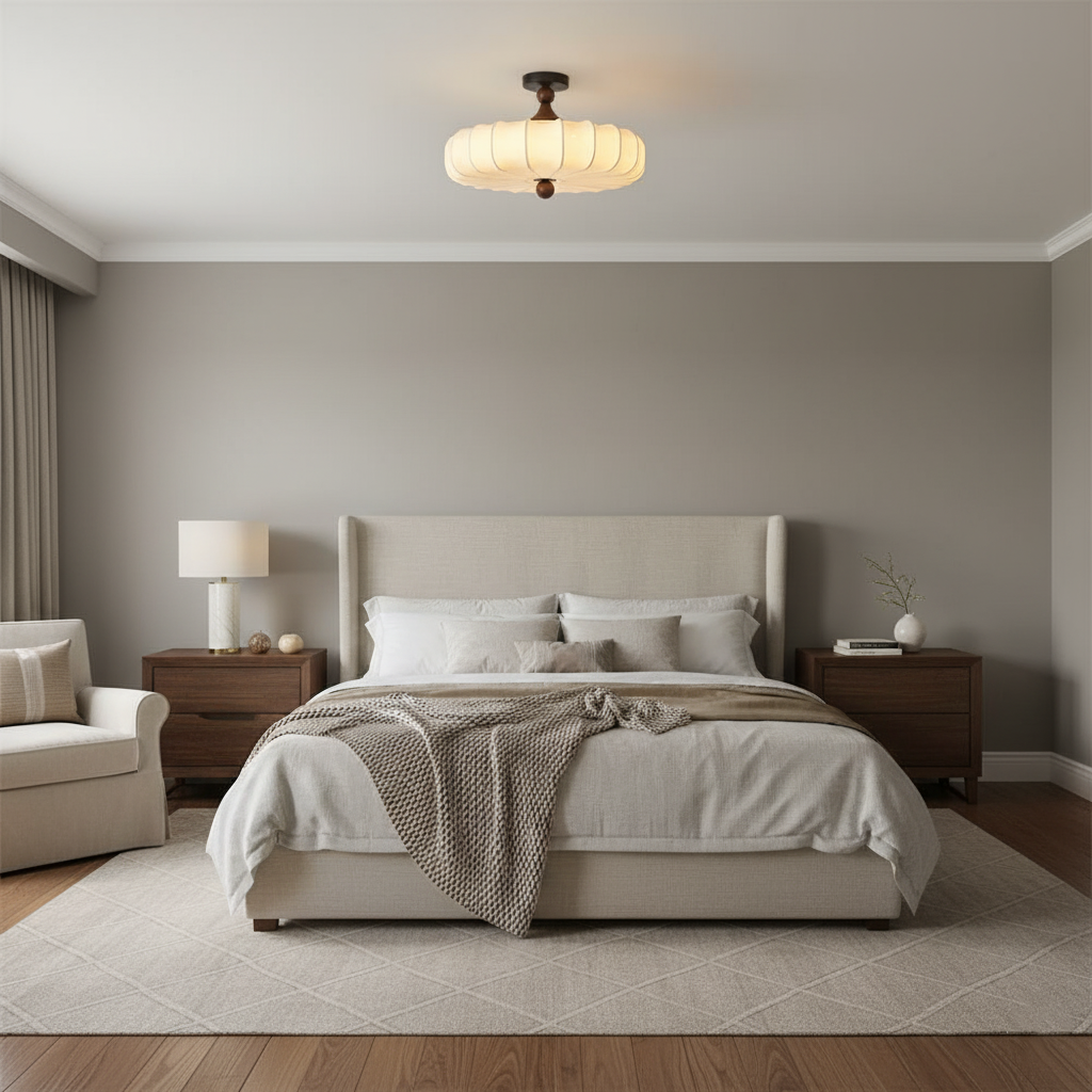 Rosa | Flush Mount LED Ceiling Light with Floral Fabric Shade, Walnut Canopy for Bedroom