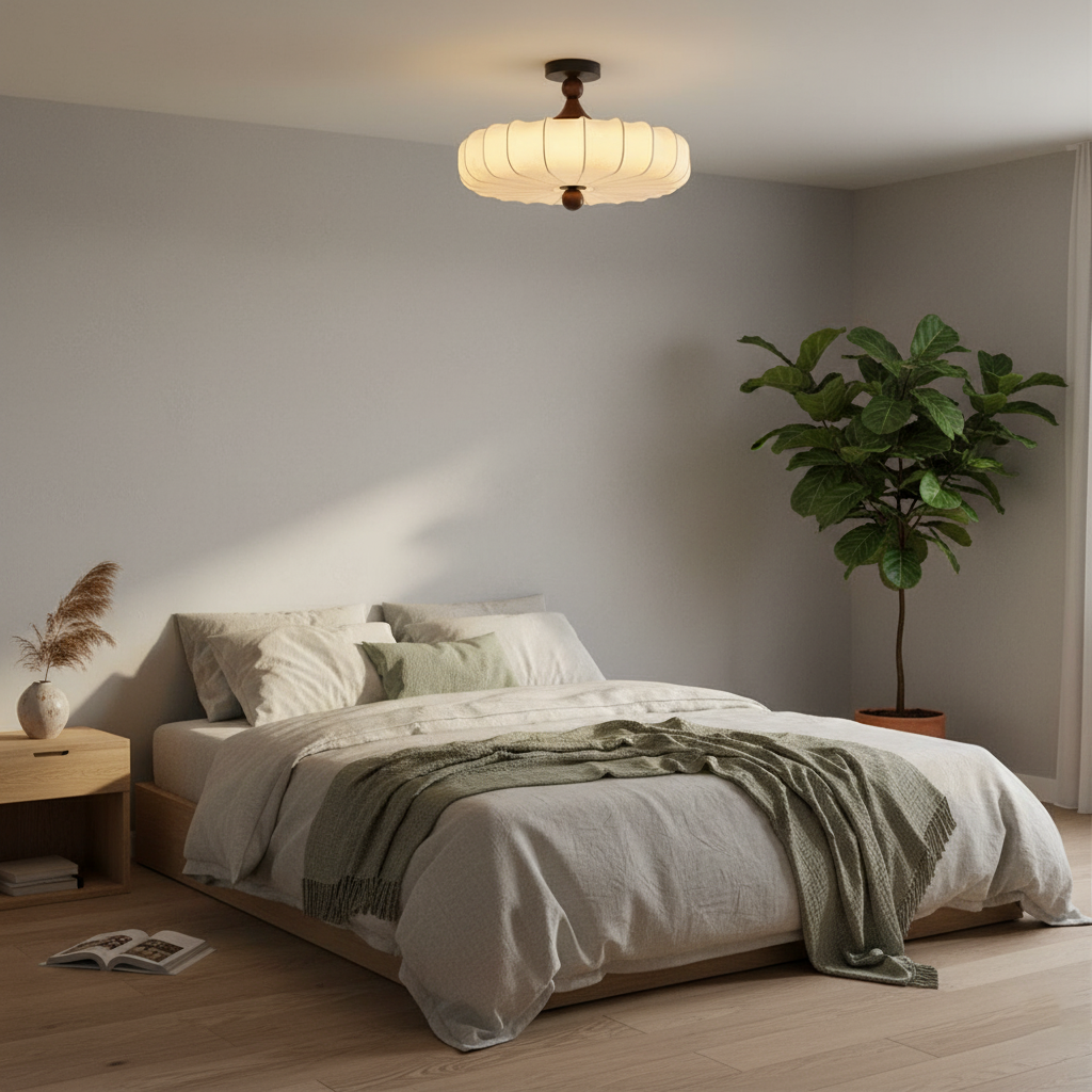 Rosa | Flush Mount LED Ceiling Light with Floral Fabric Shade, Walnut Canopy for Bedroom