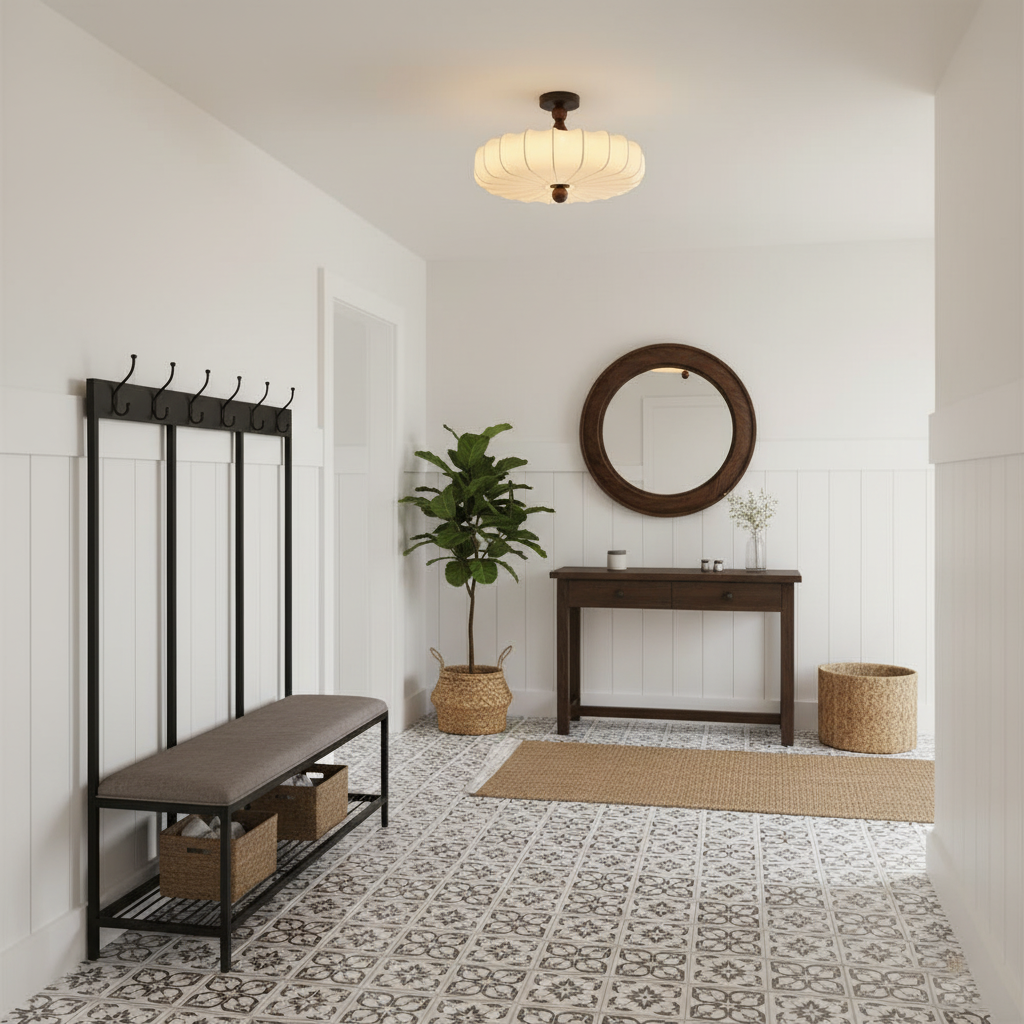Rosa | Flush Mount LED Ceiling Light with Floral Fabric Shade, Walnut Canopy for Bedroom