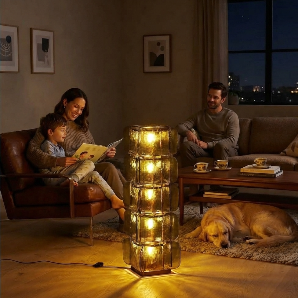 Hand-Blown Green Glass Floor Lamp with Stacked Panels | Mid-Century Statement Light