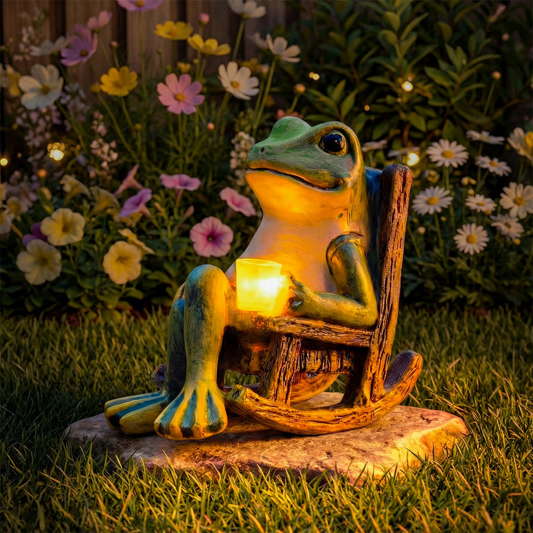 Frogly | Solar Frog Garden Statue with LED Lantern | Resin Rocking Chair Decor for Patio