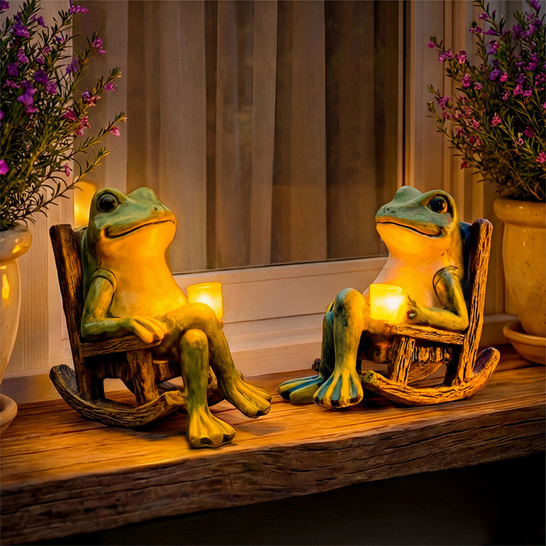 Frogly | Solar Frog Garden Statue with LED Lantern | Resin Rocking Chair Decor for Patio