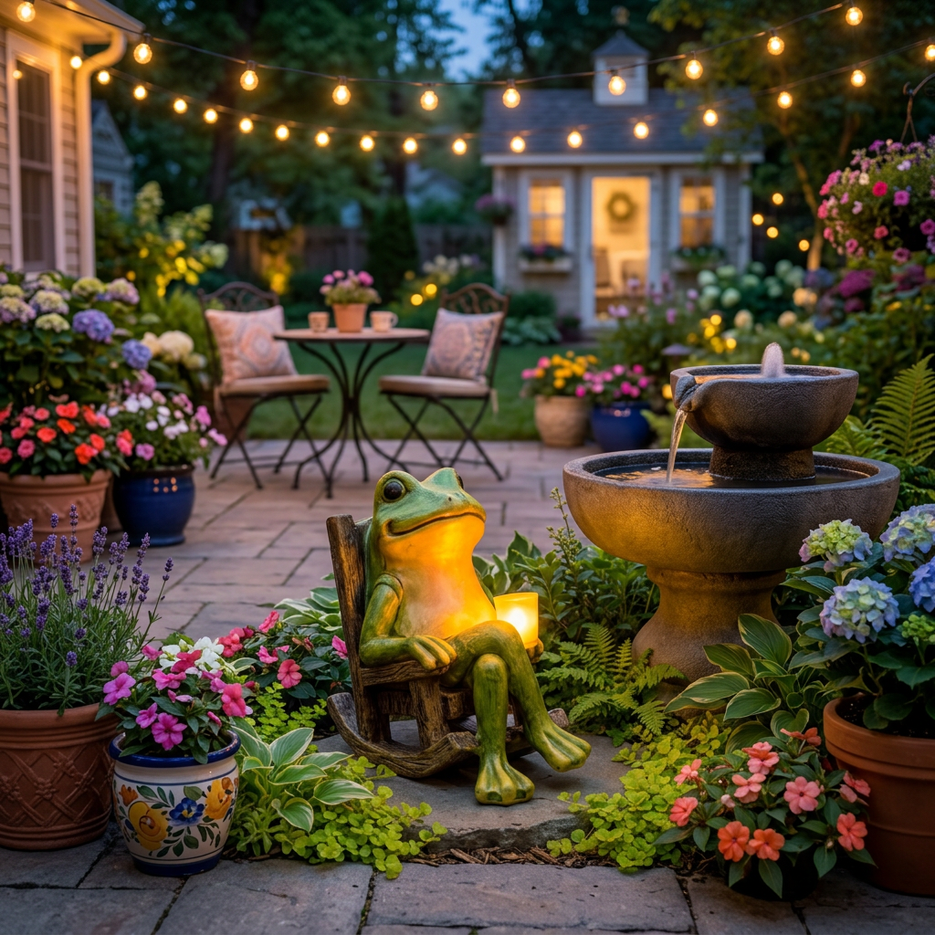 Frogly | Solar Frog Garden Statue with LED Lantern | Resin Rocking Chair Decor for Patio