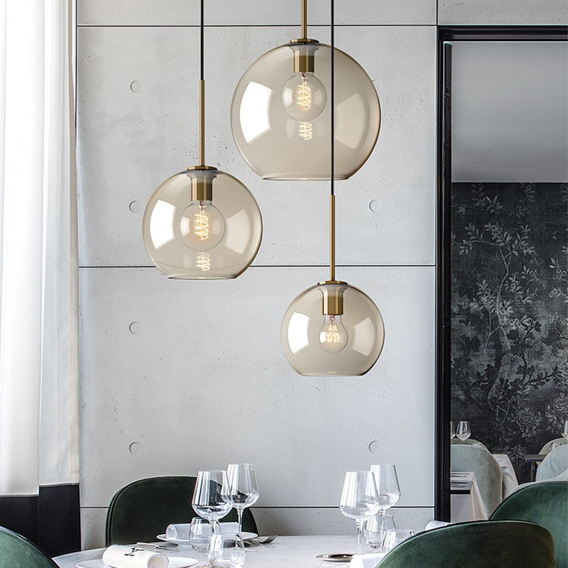 Aurum | Cognac Glass Pendant Light with Brass Look, Adjustable Cable for Kitchen Island