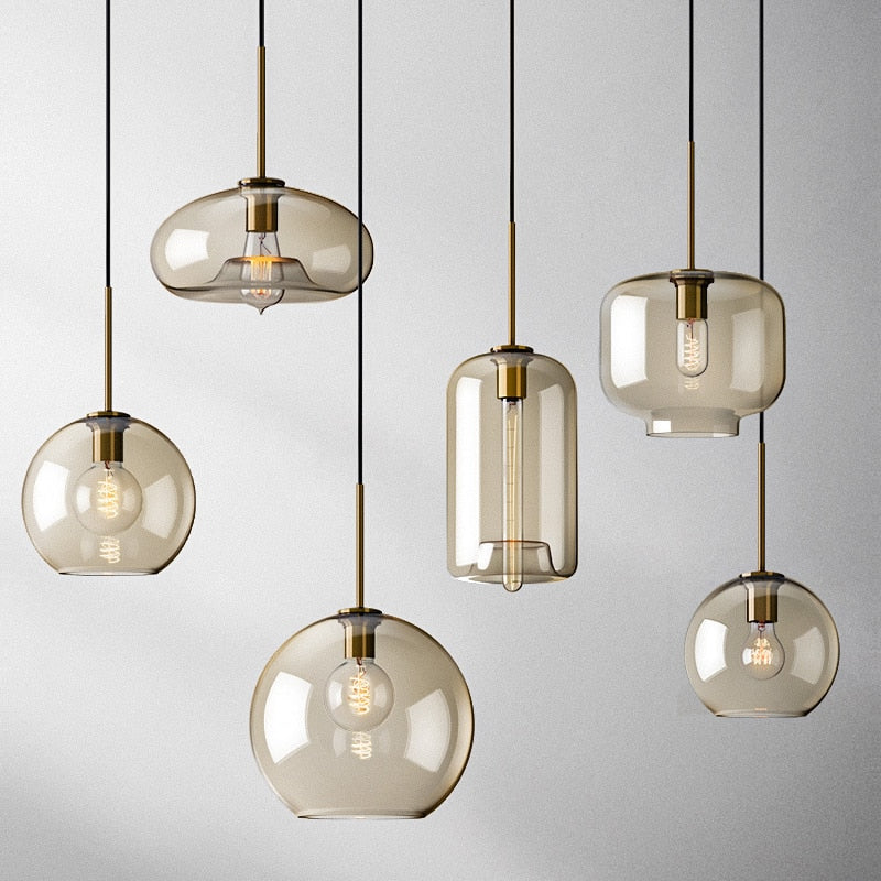 Aurum | Cognac Glass Pendant Light with Brass Look, Adjustable Cable for Kitchen Island