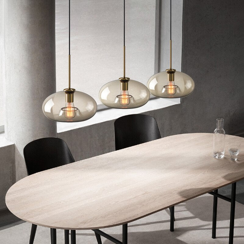 Aurum | Cognac Glass Pendant Light with Brass Look, Adjustable Cable for Kitchen Island