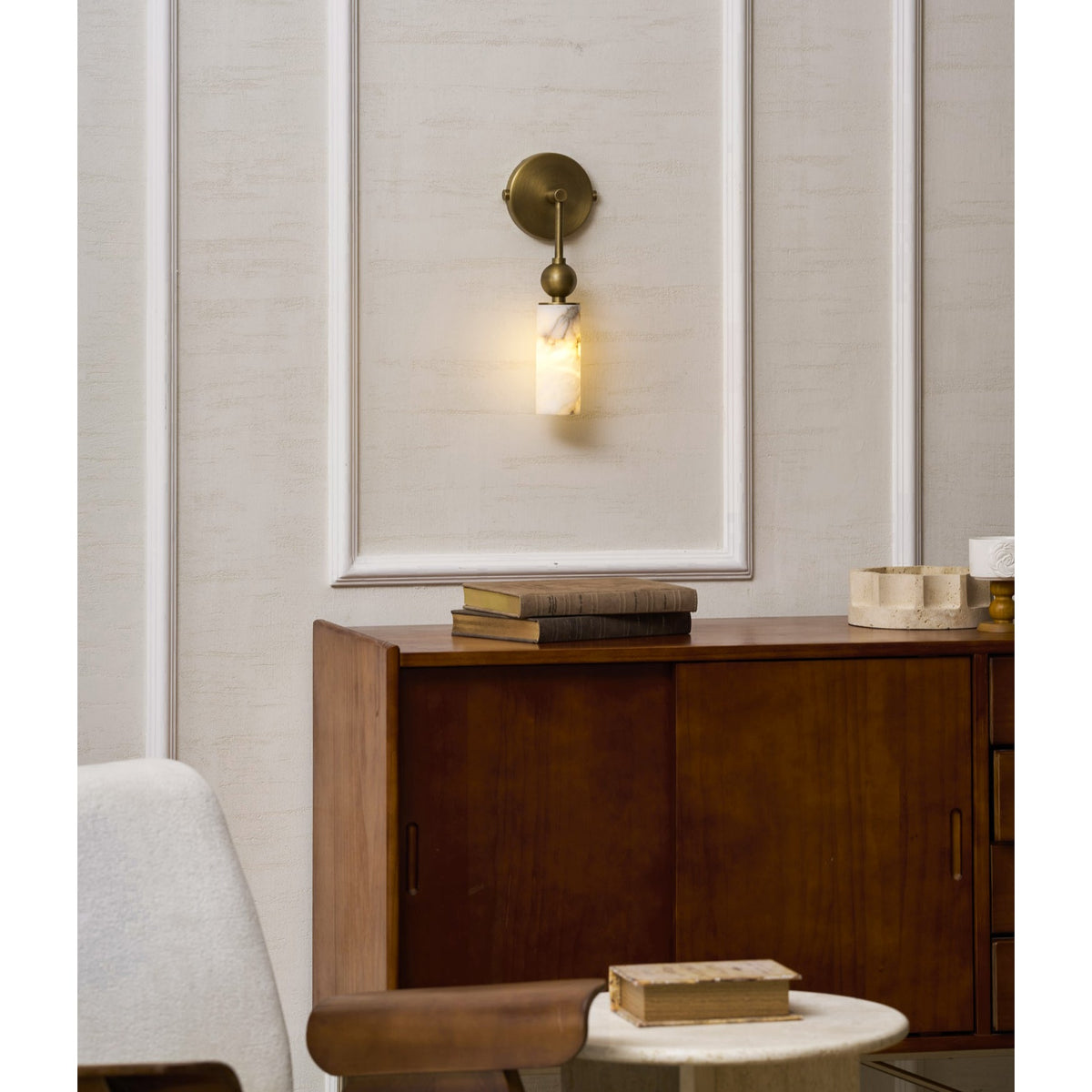 Natural Alabaster Wall Sconce with Brass Hardware | Warm Glow Bedside Light