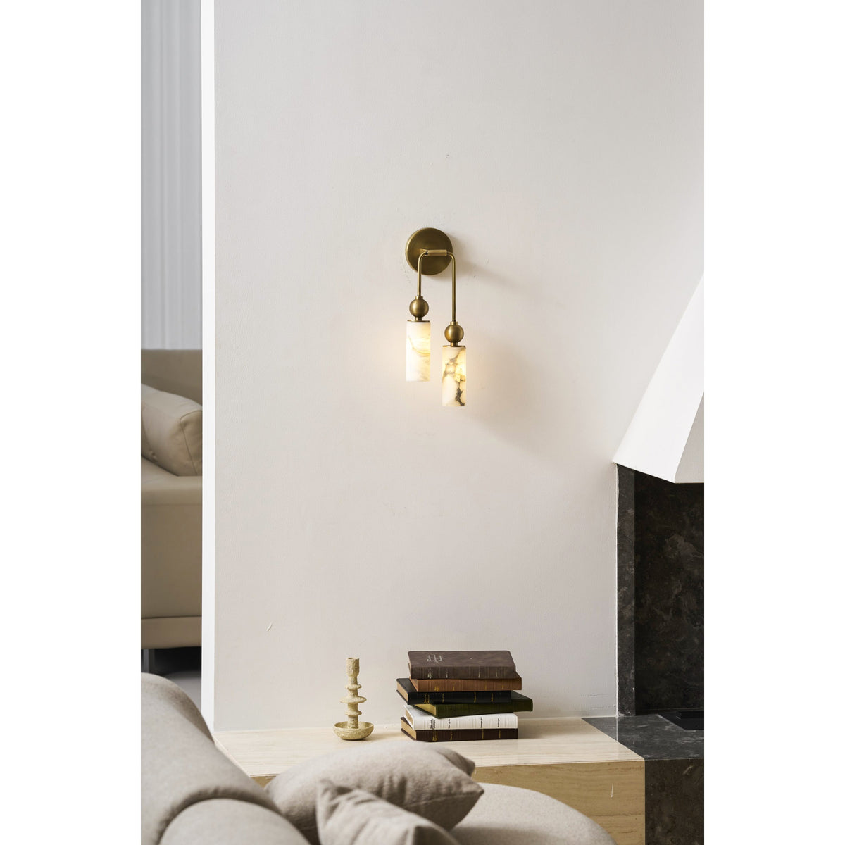 Natural Alabaster Wall Sconce with Brass Hardware | Warm Glow Bedside Light