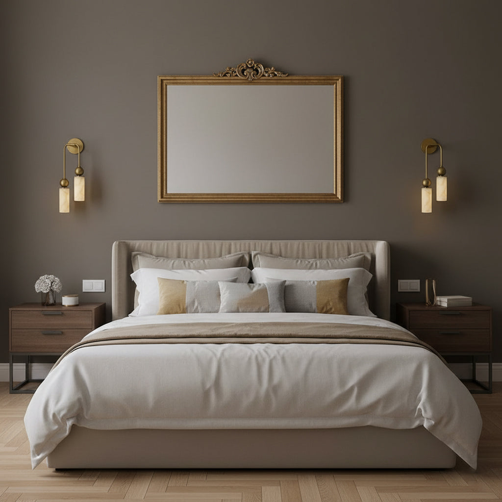 Natural Alabaster Wall Sconce with Brass Hardware | Warm Glow Bedside Light