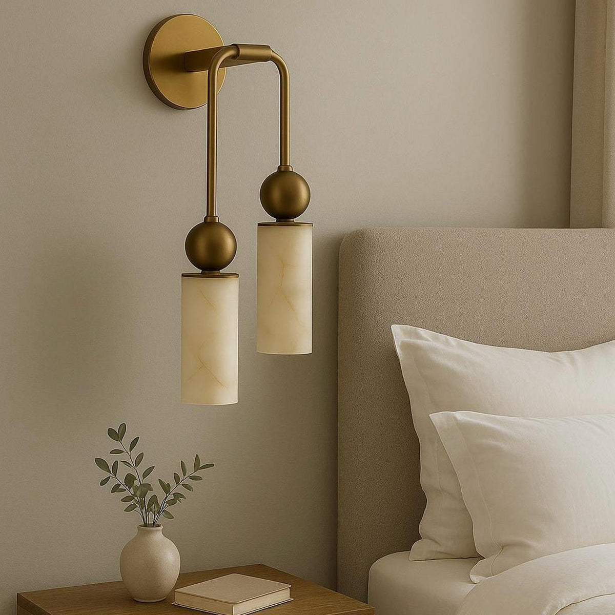 Natural Alabaster Wall Sconce with Brass Hardware | Warm Glow Bedside Light