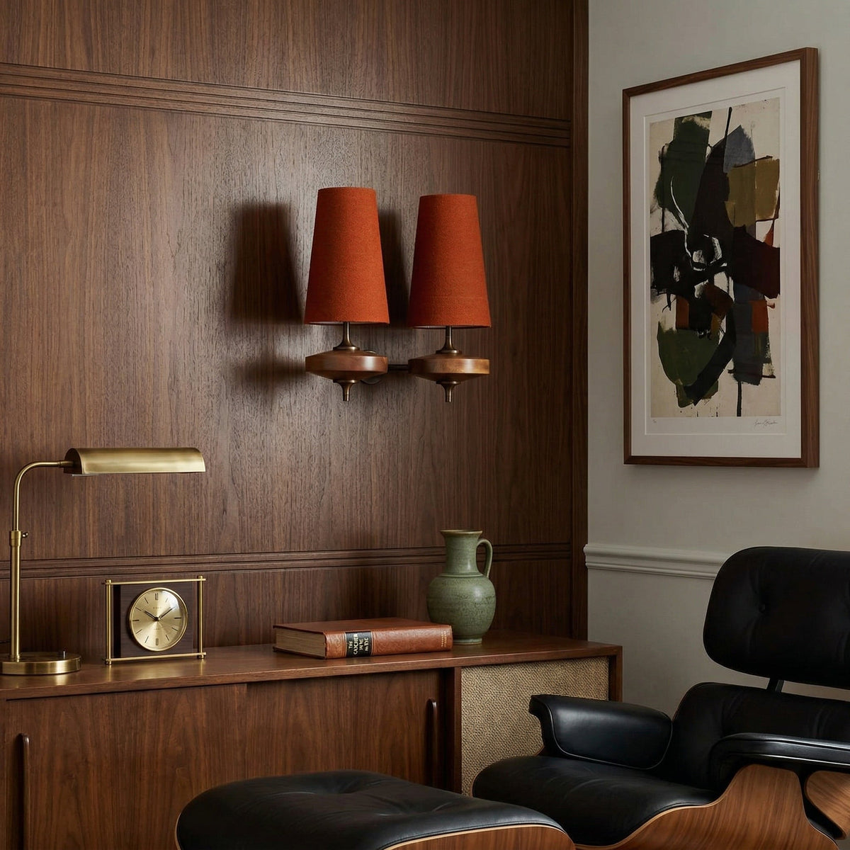 Walnut Wall Sconce with Antique Brass Hardware | Fabric Shade for Warm Ambient Light