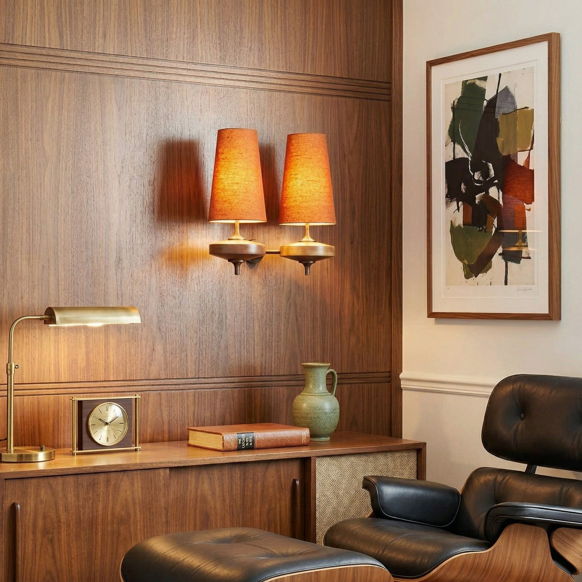 Walnut Wall Sconce with Antique Brass Hardware | Fabric Shade for Warm Ambient Light