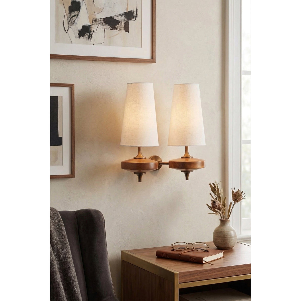 Walnut Wall Sconce with Antique Brass Hardware | Fabric Shade for Warm Ambient Light