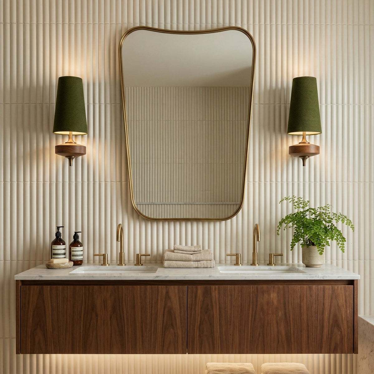Walnut Wall Sconce with Antique Brass Hardware | Fabric Shade for Warm Ambient Light