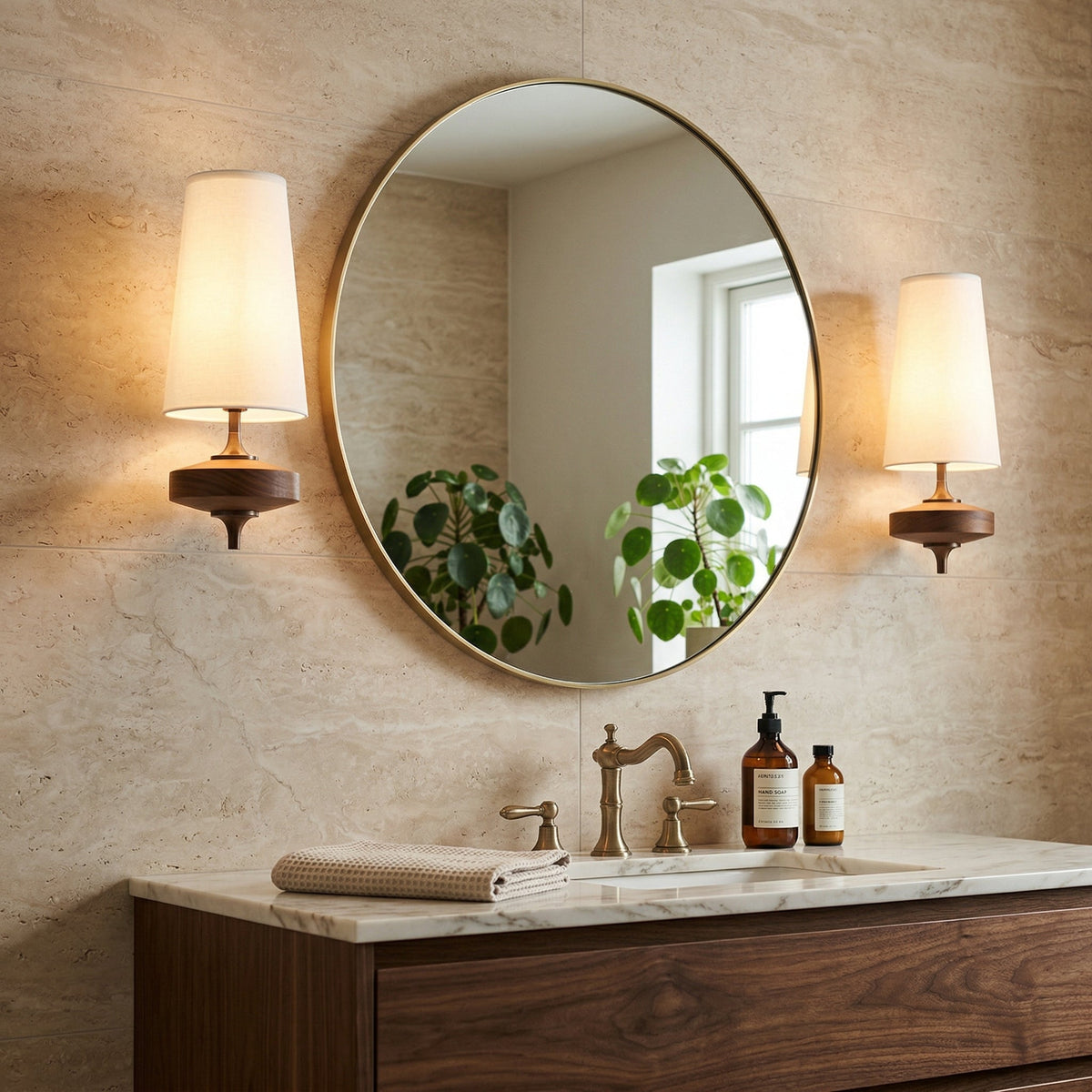 Walnut Wall Sconce with Antique Brass Hardware | Fabric Shade for Warm Ambient Light