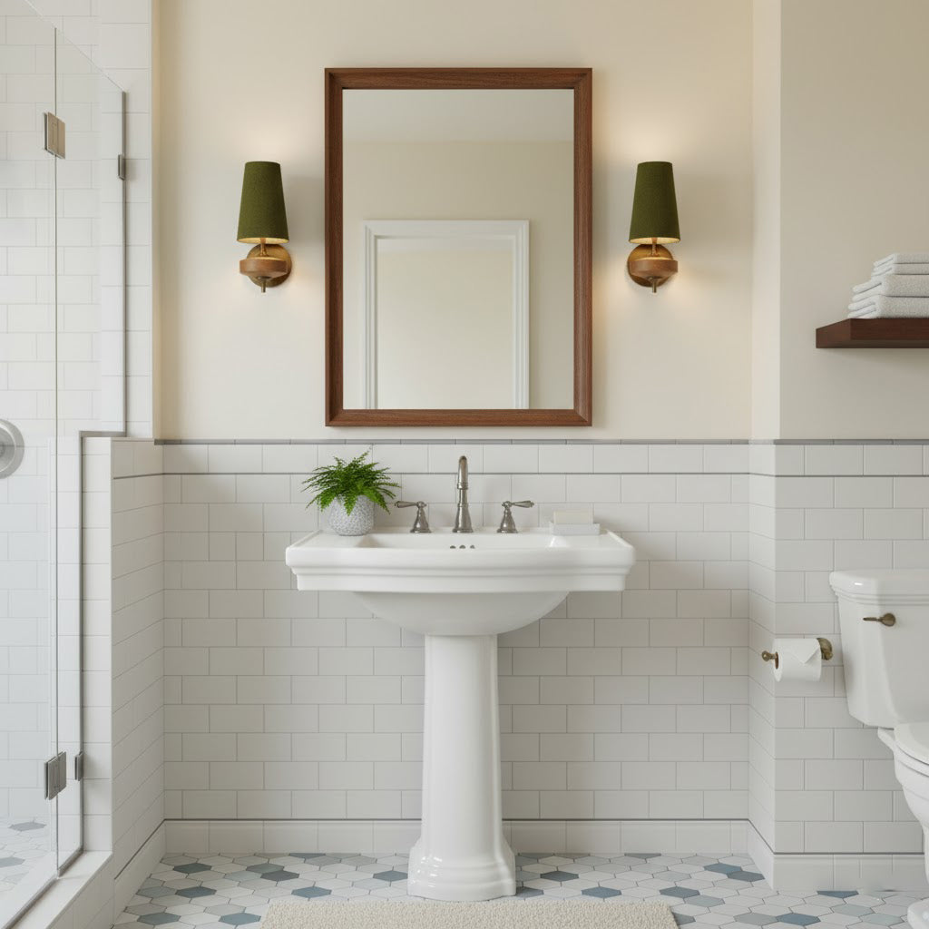 Walnut Wall Sconce with Antique Brass Hardware | Fabric Shade for Warm Ambient Light