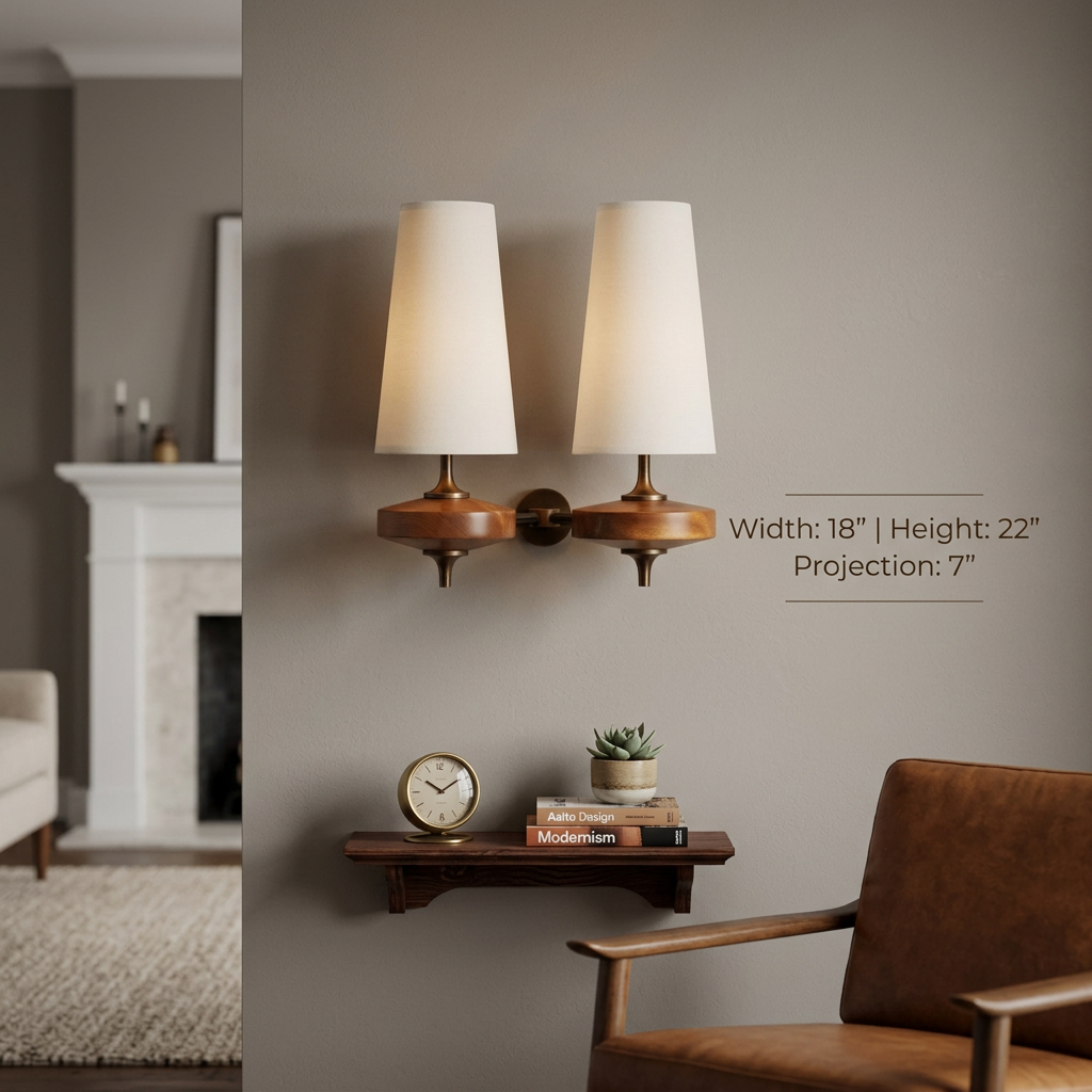Walnut Wall Sconce with Antique Brass Hardware | Fabric Shade for Warm Ambient Light
