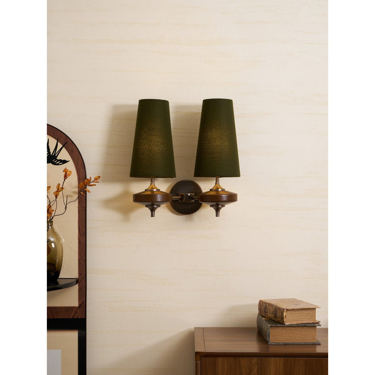 Walnut Wall Sconce with Antique Brass Hardware | Fabric Shade for Warm Ambient Light