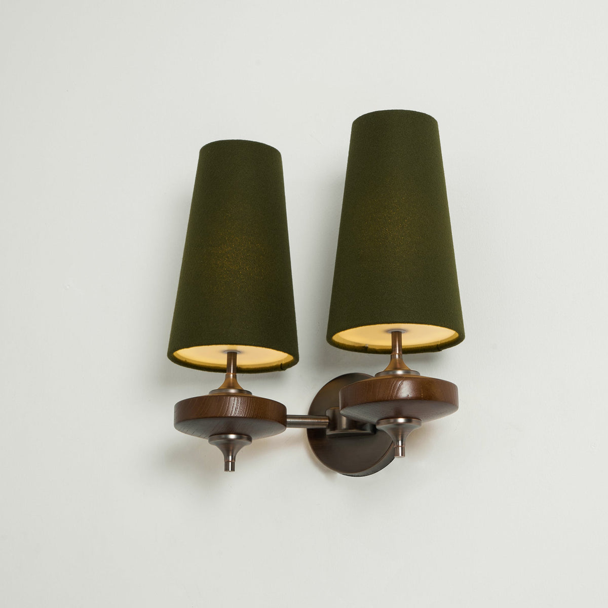 Walnut Wall Sconce with Antique Brass Hardware | Fabric Shade for Warm Ambient Light