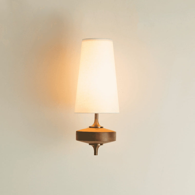 Walnut Wall Sconce with Antique Brass Hardware | Fabric Shade for Warm Ambient Light