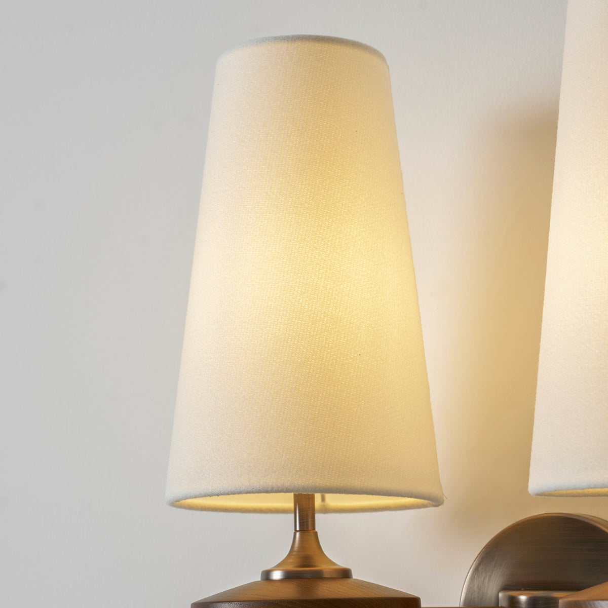 Walnut Wall Sconce with Antique Brass Hardware | Fabric Shade for Warm Ambient Light