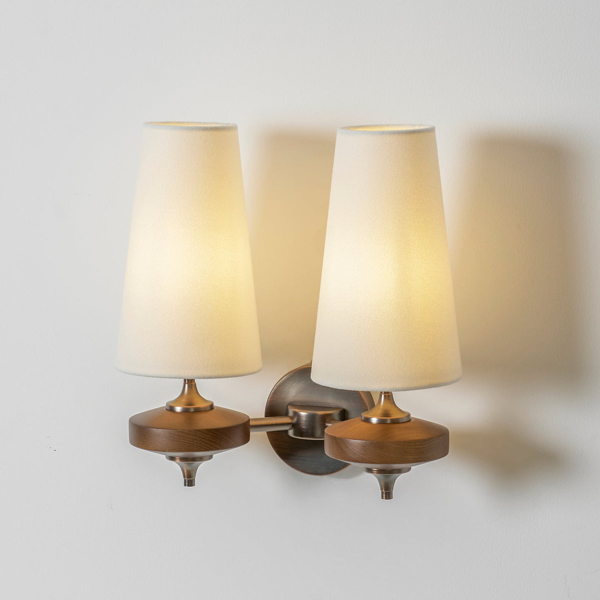 Walnut Wall Sconce with Antique Brass Hardware | Fabric Shade for Warm Ambient Light