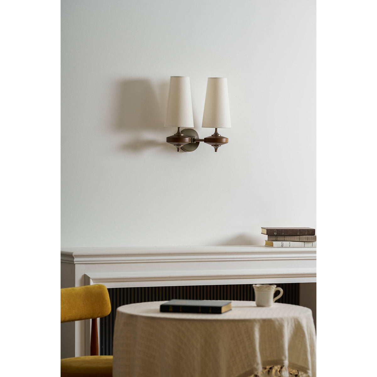 Walnut Wall Sconce with Antique Brass Hardware | Fabric Shade for Warm Ambient Light