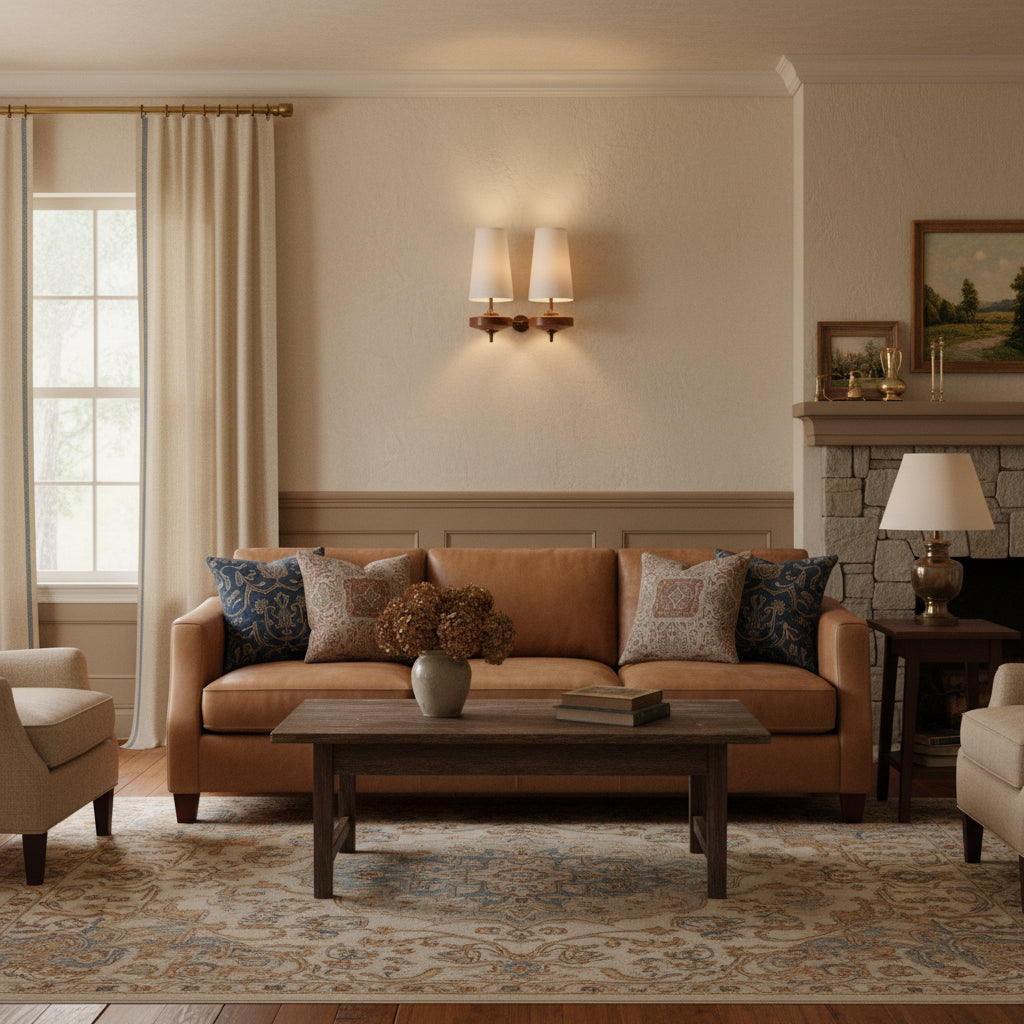 Walnut Wall Sconce with Antique Brass Hardware | Fabric Shade for Warm Ambient Light