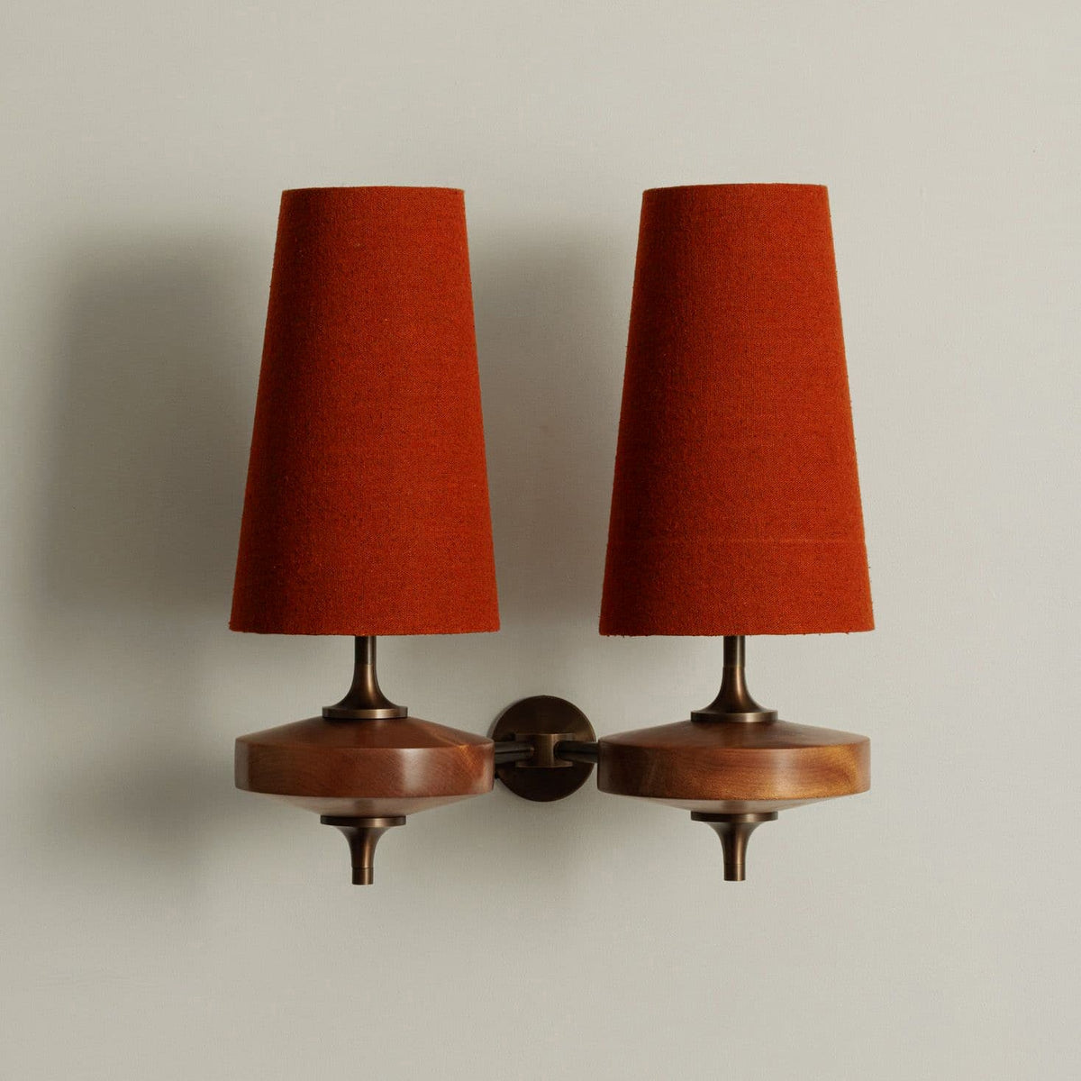 Walnut Wall Sconce with Antique Brass Hardware | Fabric Shade for Warm Ambient Light