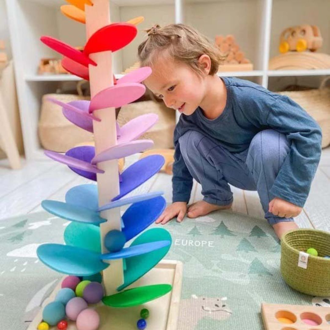 Wooden Rainbow Sound Tower with Colorful Falling Balls | Sensory Toy for Kids