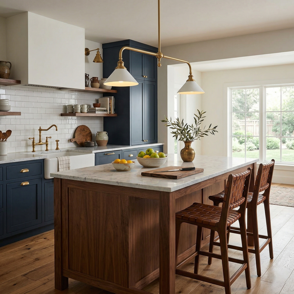 Brass Two-Head Pendant Light with Ceramic Shades | Kitchen Island Fixture