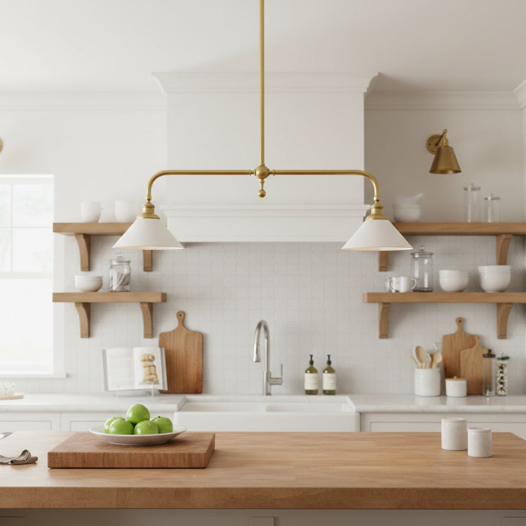 Brass Two-Head Pendant Light with Ceramic Shades | Kitchen Island Fixture
