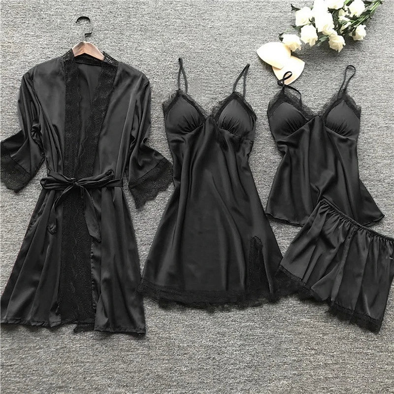Sera | Women's Silk Satin Pajama Set with Lace Trim Kimono Robe, Cami & Shorts for Sleep