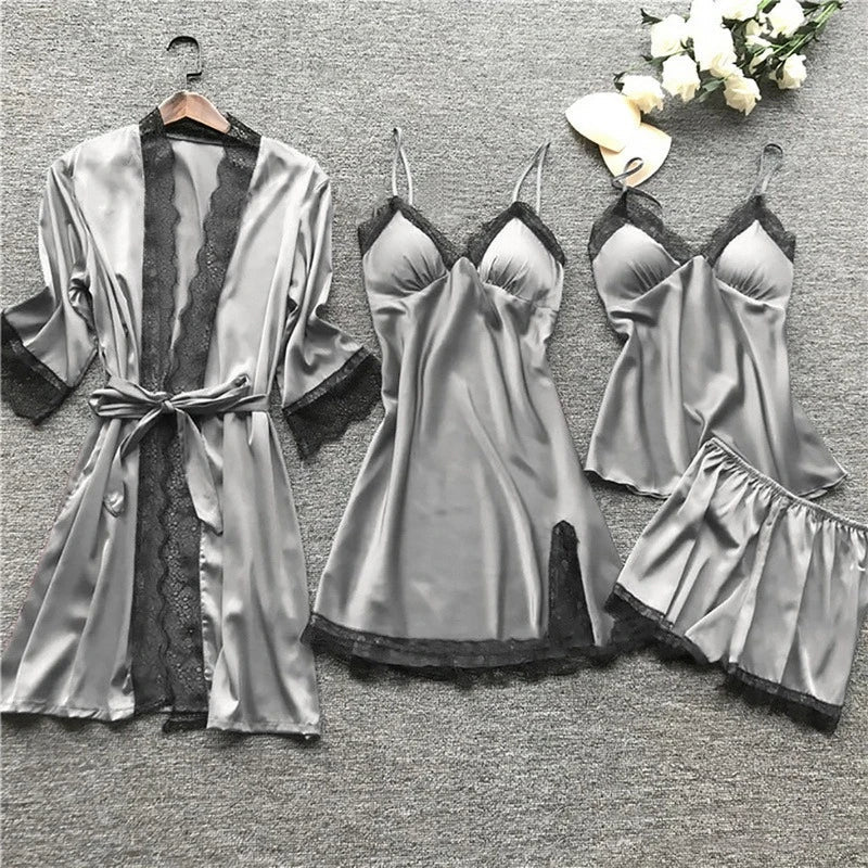 Sera | Women's Silk Satin Pajama Set with Lace Trim Kimono Robe, Cami & Shorts for Sleep