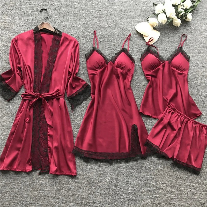 Sera | Women's Silk Satin Pajama Set with Lace Trim Kimono Robe, Cami & Shorts for Sleep