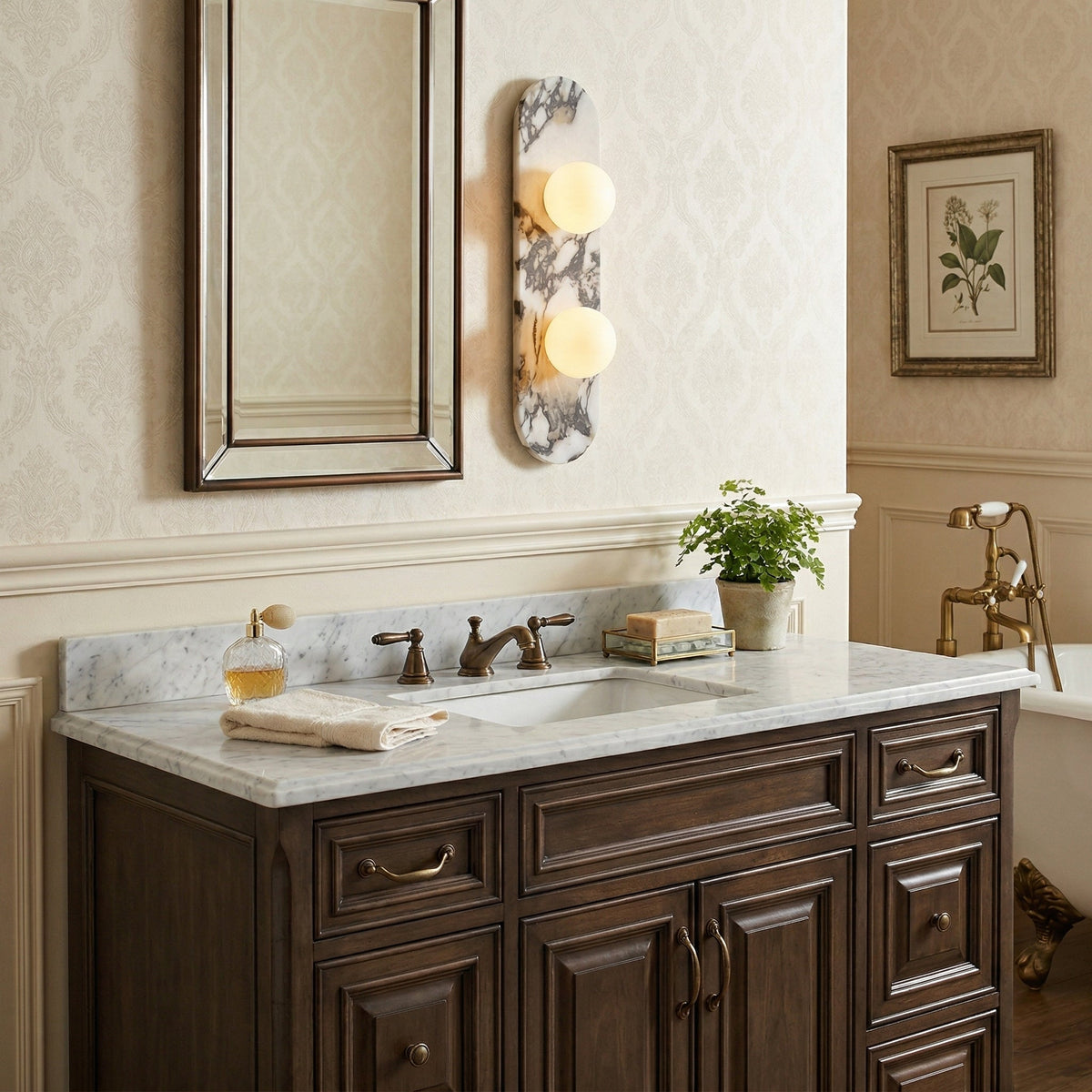 Marmo Series | Italian Marble Wall Sconce with Opaline Glass Globe for Bedside