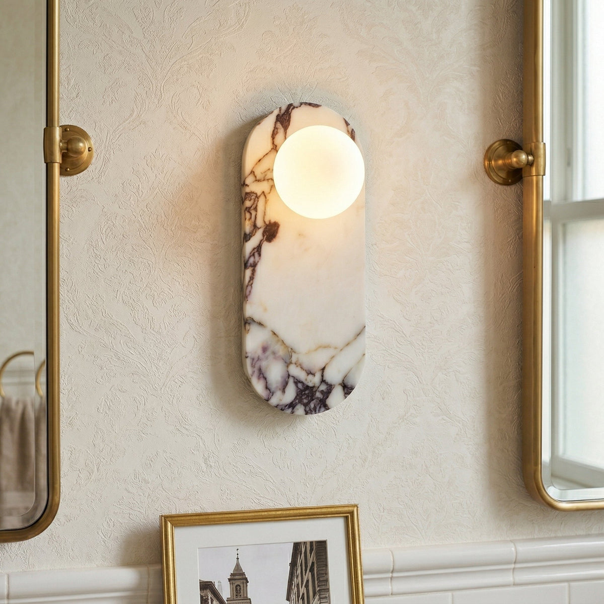 Marmo Series | Italian Marble Wall Sconce with Opaline Glass Globe for Bedside