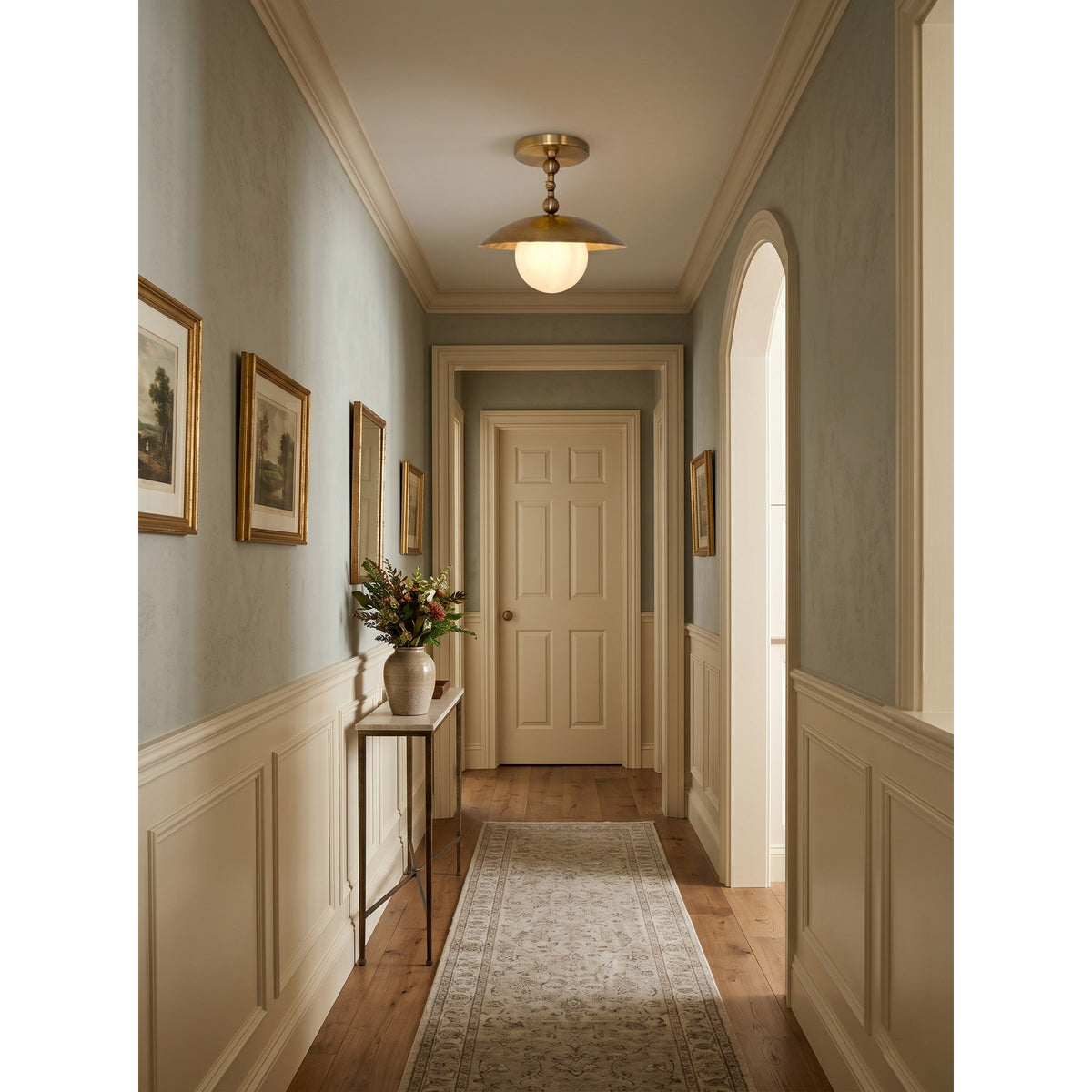 Brass Dome Semi-Flush Ceiling Lamp with Alabaster Shade | Mid-Century Light