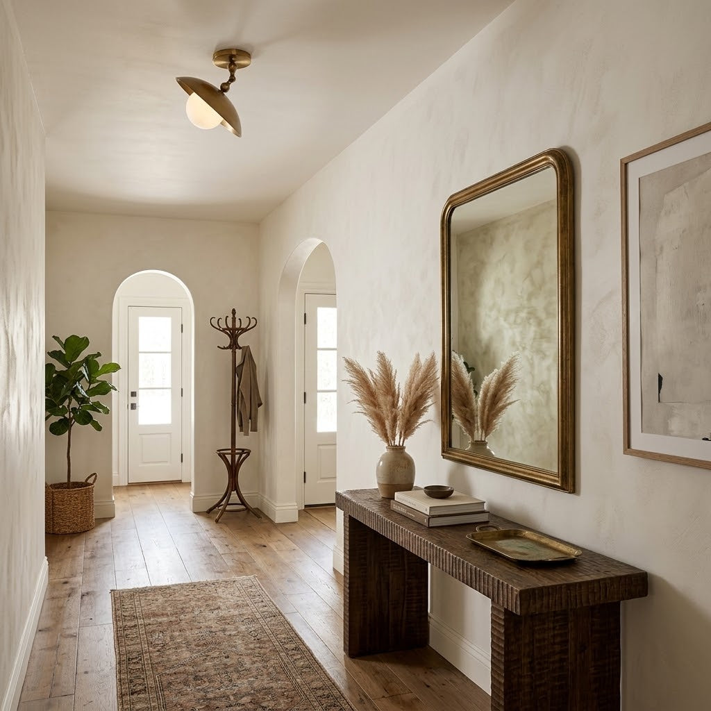 Brass Dome Semi-Flush Ceiling Lamp with Alabaster Shade | Mid-Century Light