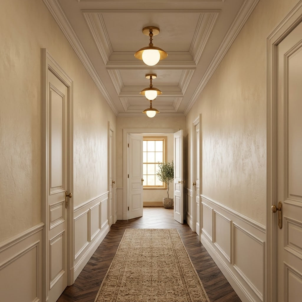 Brass Dome Semi-Flush Ceiling Lamp with Alabaster Shade | Mid-Century Light