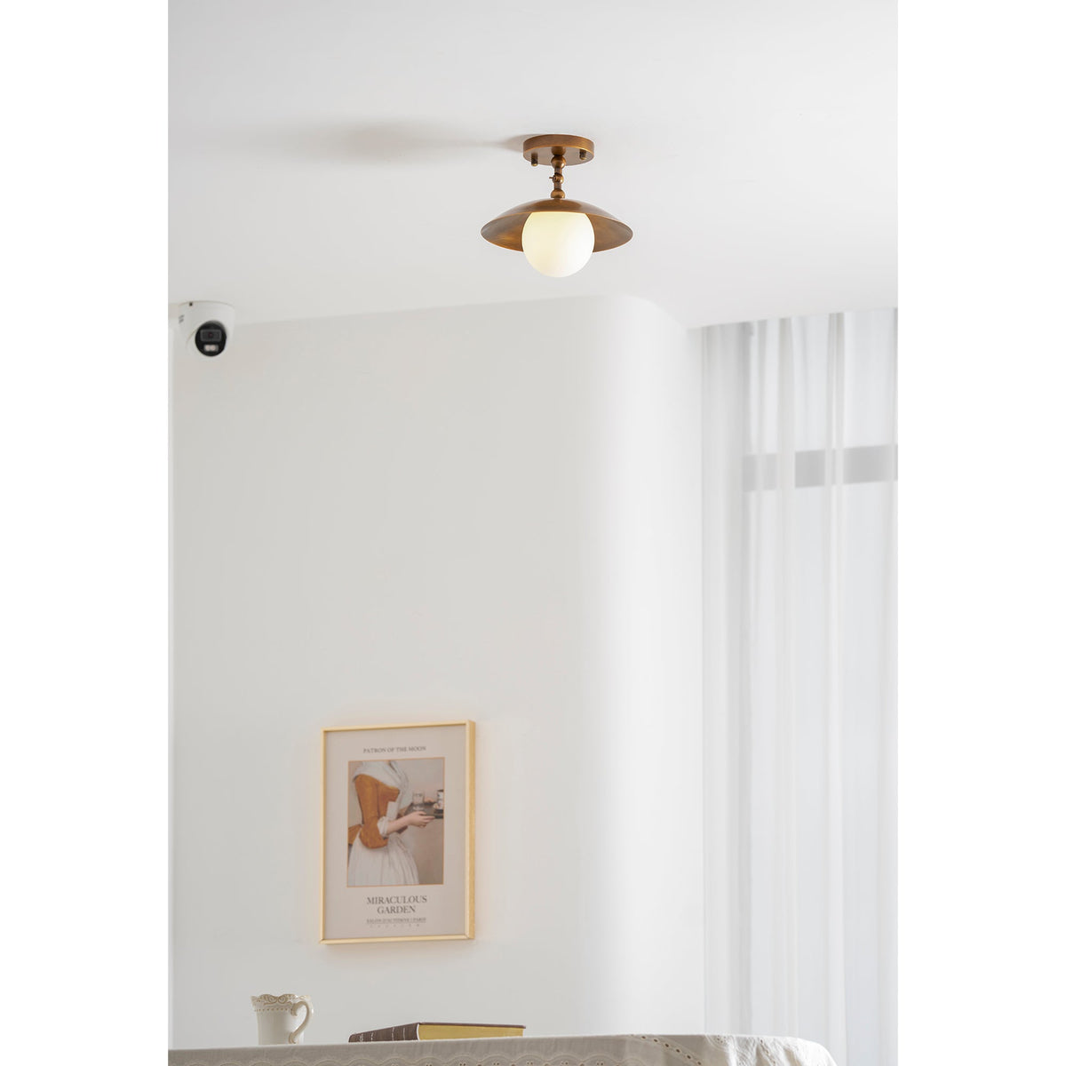 Brass Dome Semi-Flush Ceiling Lamp with Alabaster Shade | Mid-Century Light